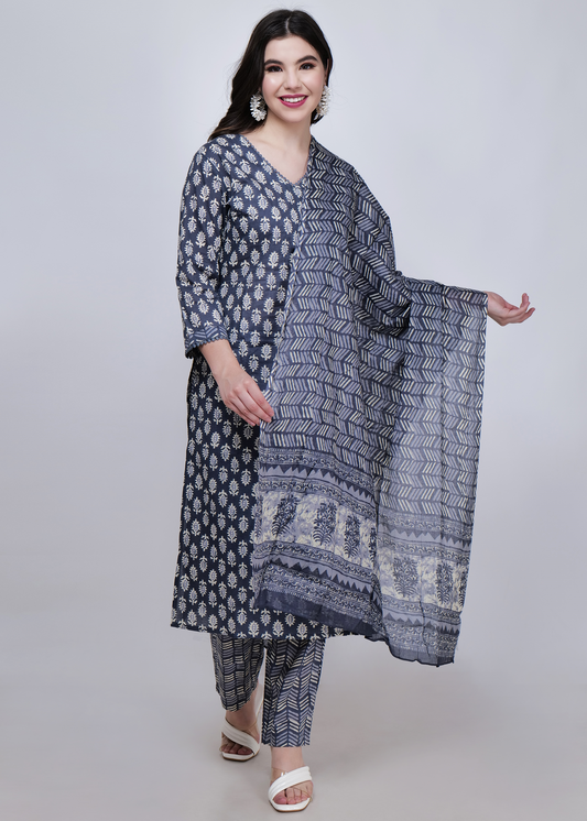 Cotton Printed Straight Suit Set - Grey