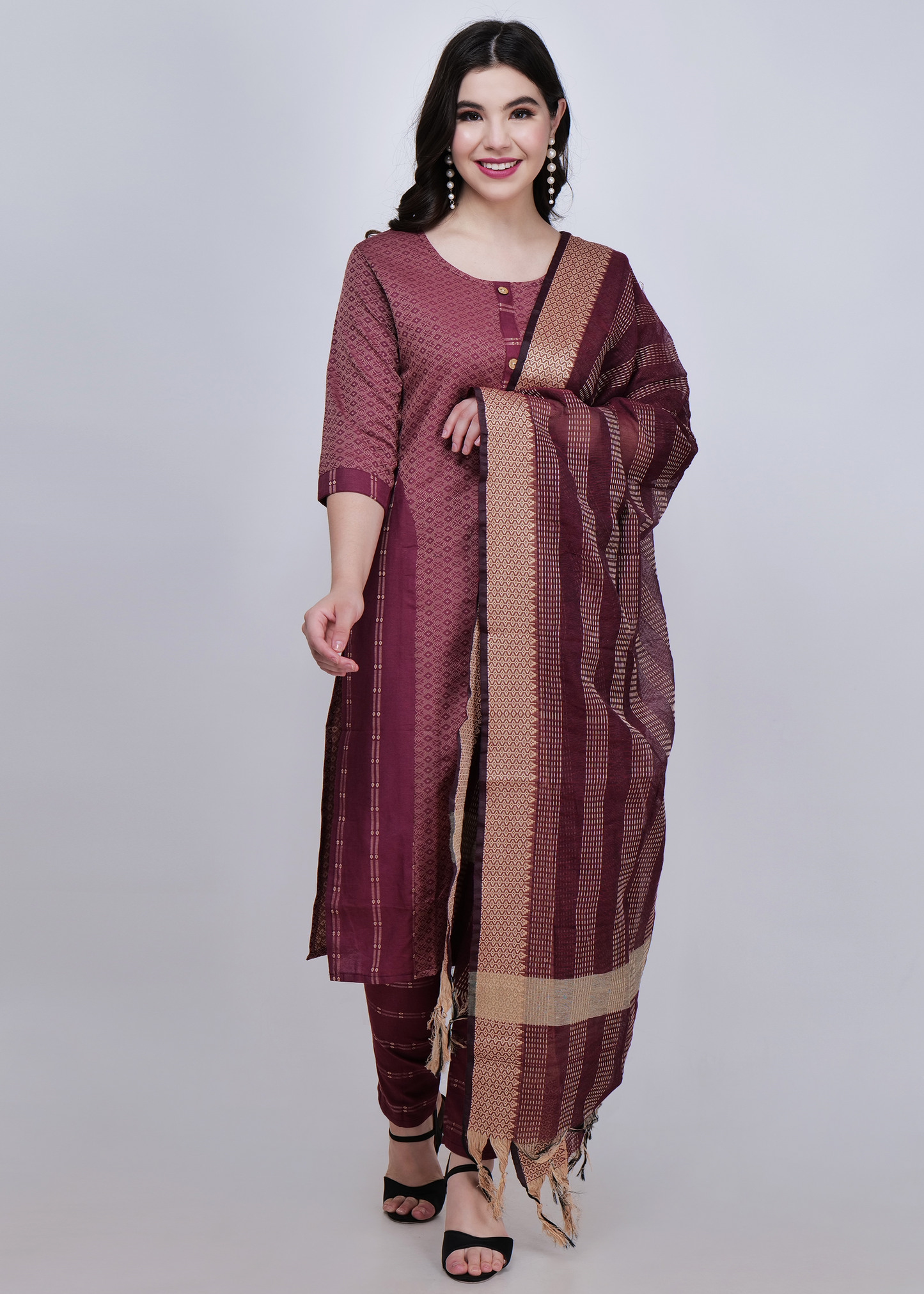 Jacquard Cotton Kurta With Palazzo and Dupatta - Maroon