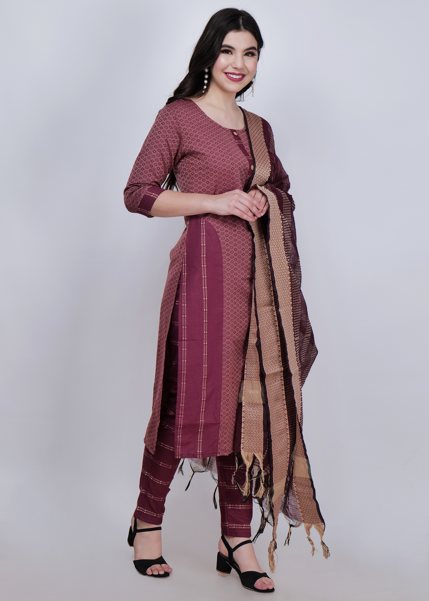 Jacquard Cotton Kurta With Palazzo and Dupatta - Maroon