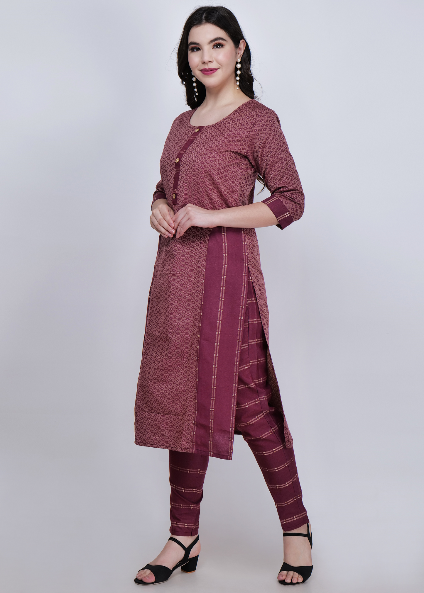 Jacquard Cotton Kurta With Palazzo and Dupatta - Maroon