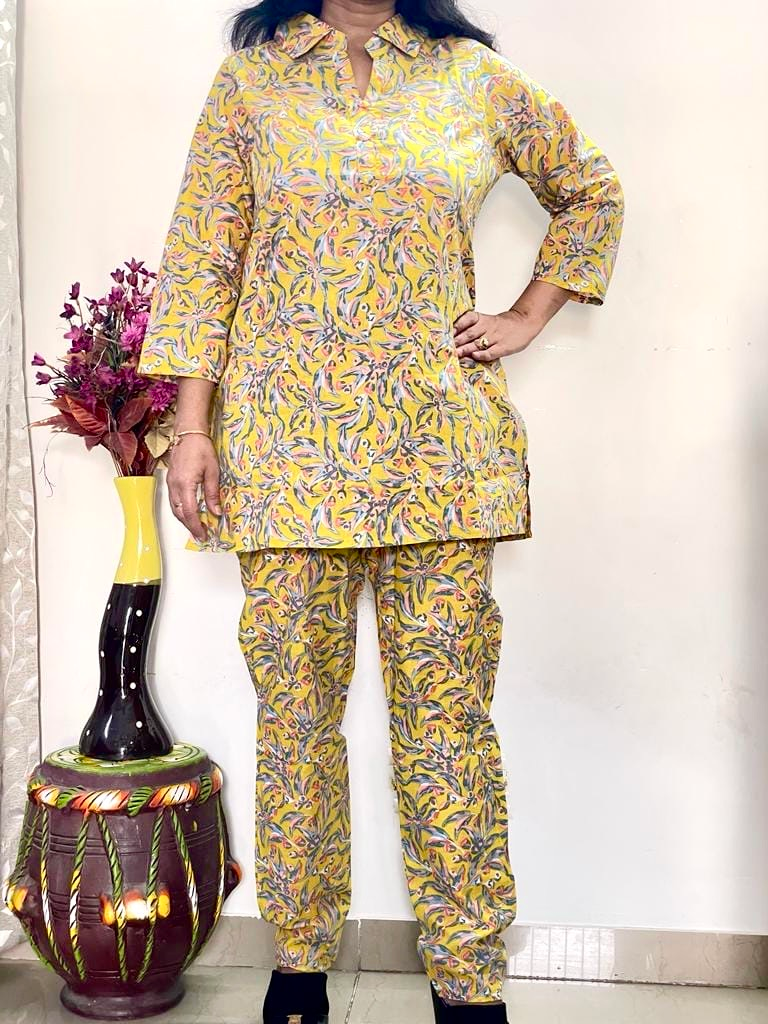 Cotton Floral Printed Co-ord Set - Yellow