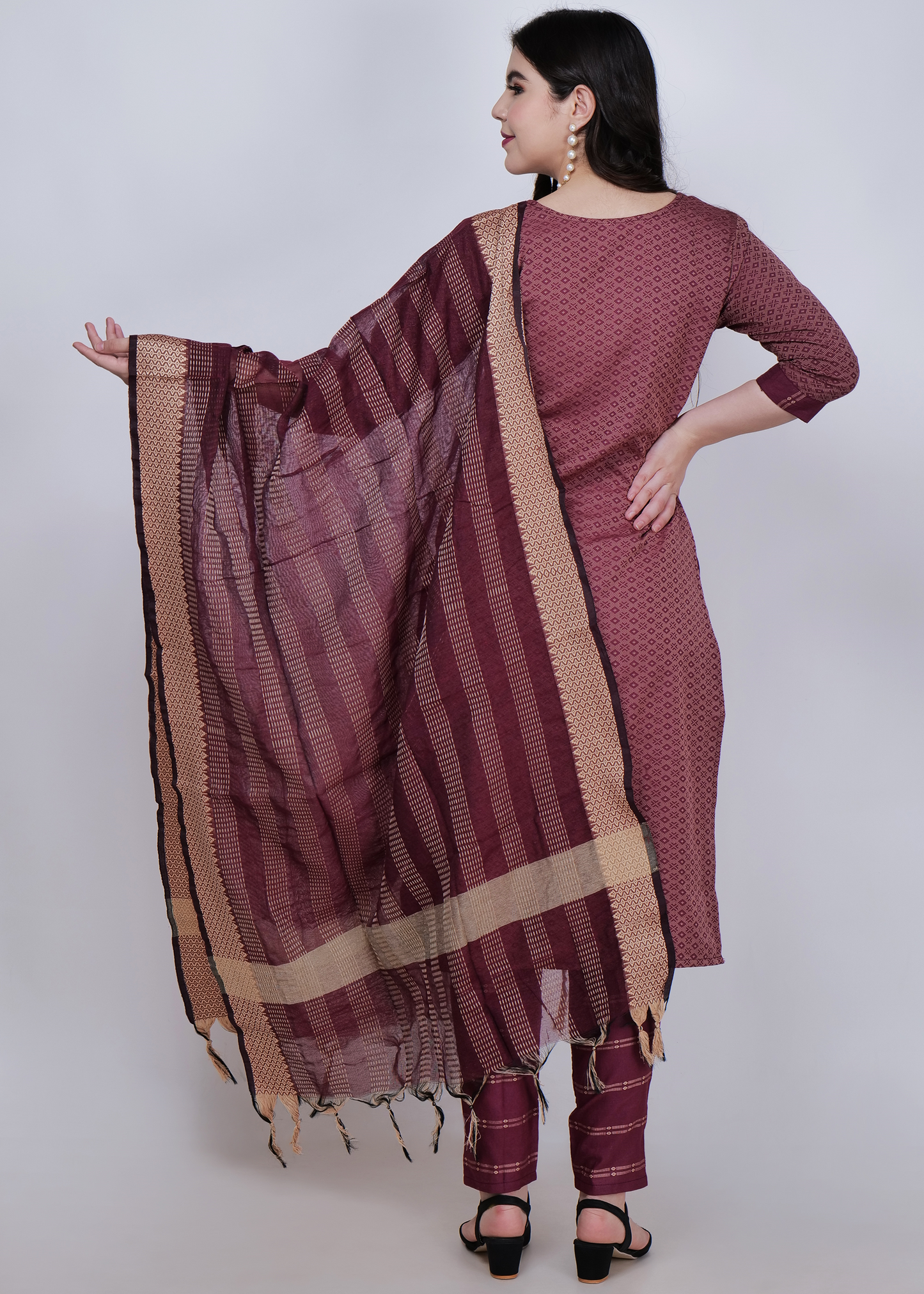 Jacquard Cotton Kurta With Palazzo and Dupatta - Maroon