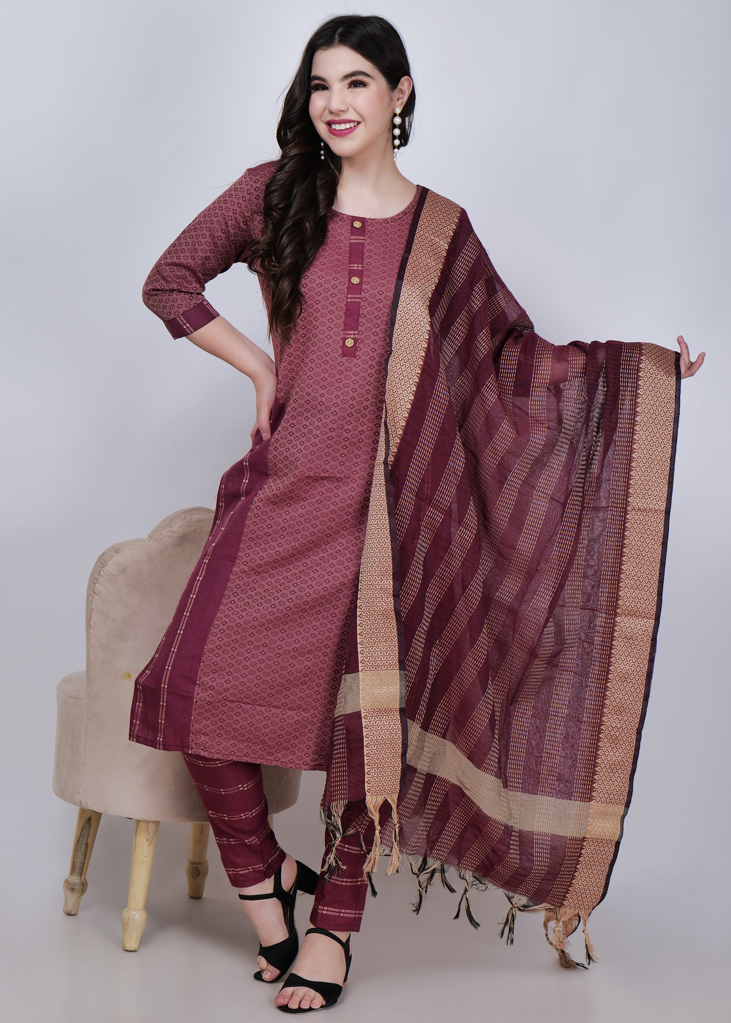 Jacquard Cotton Kurta With Palazzo and Dupatta - Maroon