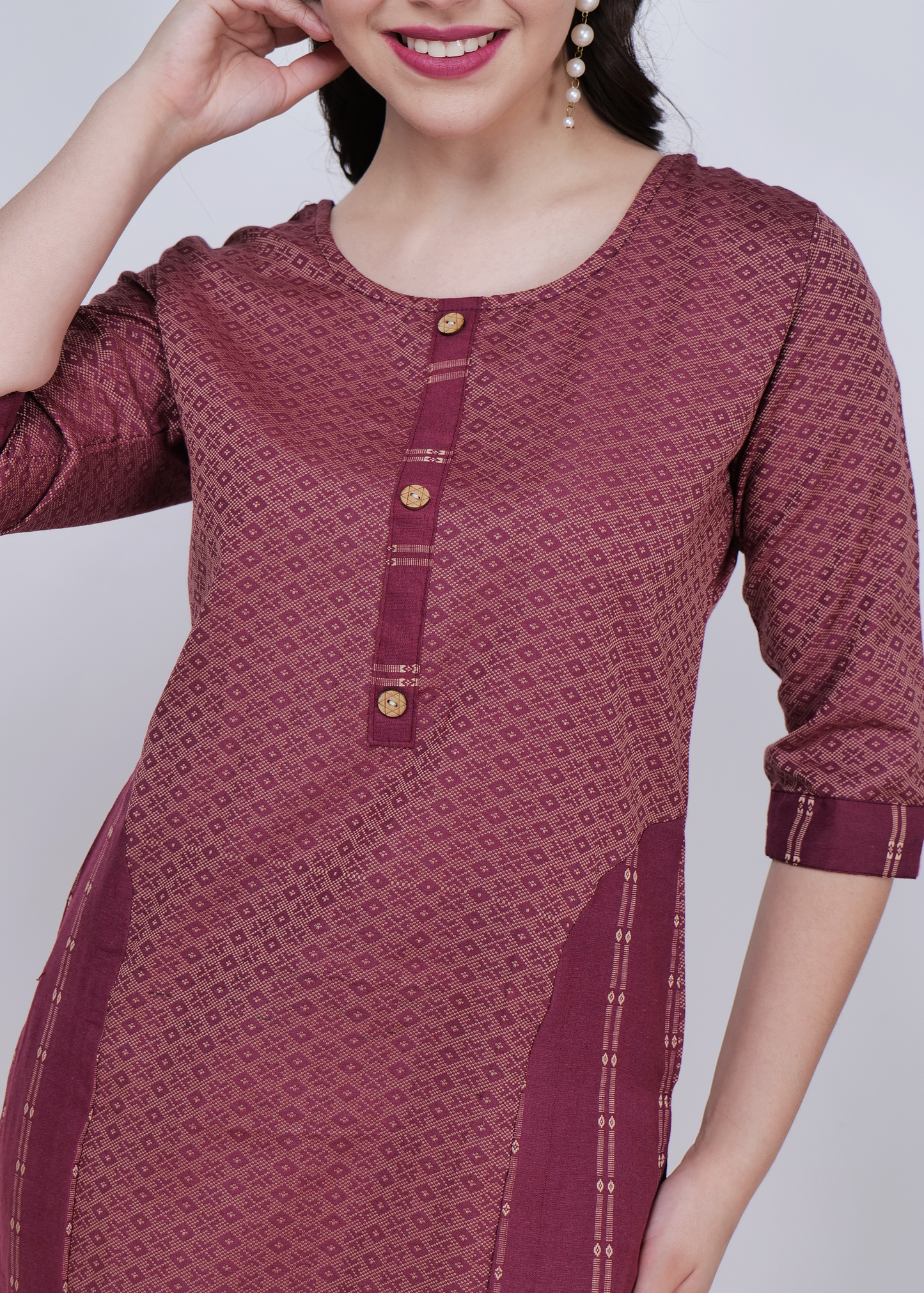 Jacquard Cotton Kurta With Palazzo and Dupatta - Maroon