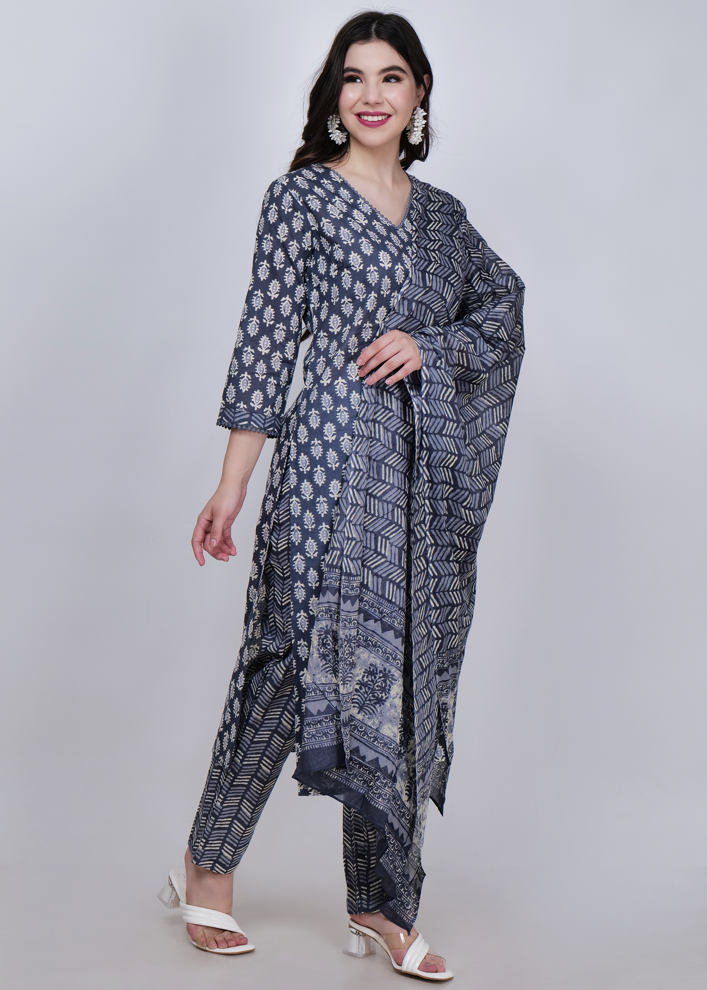 Cotton Printed Straight Suit Set - Grey