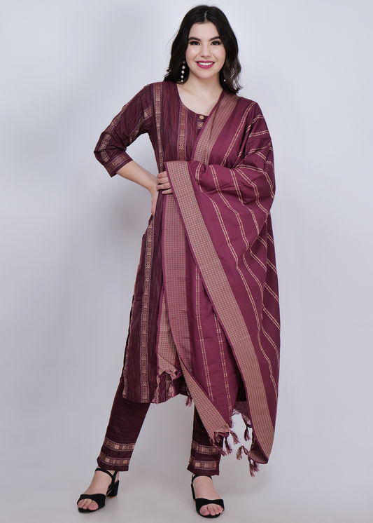 Weaving Cotton Straight Suit Set - Maroon