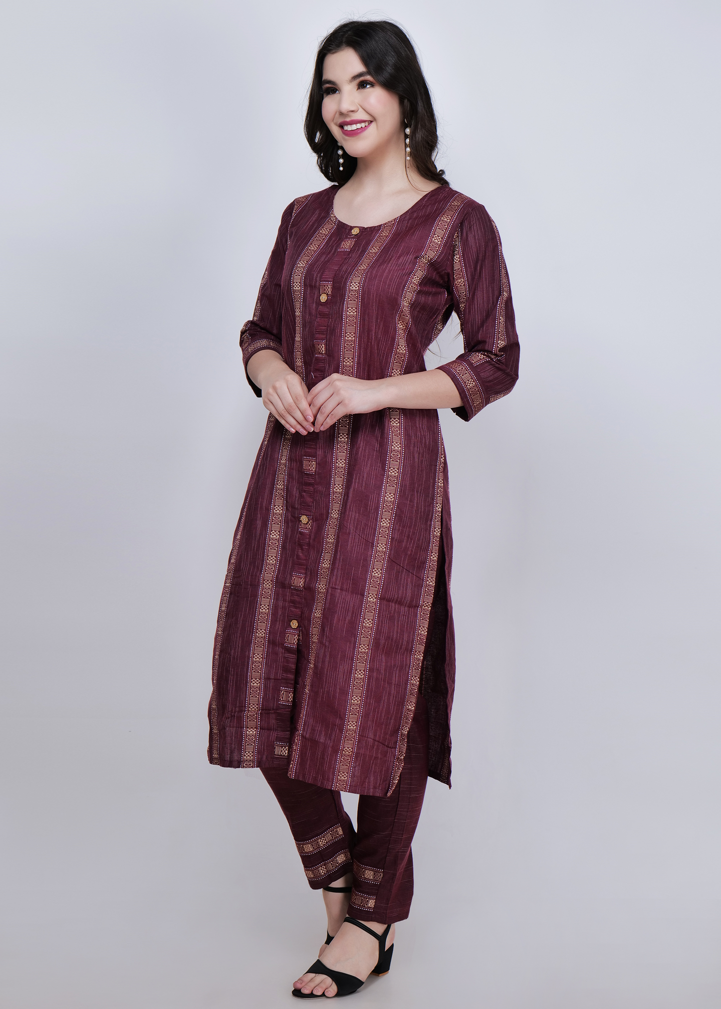 Weaving Cotton Straight Suit Set - Maroon