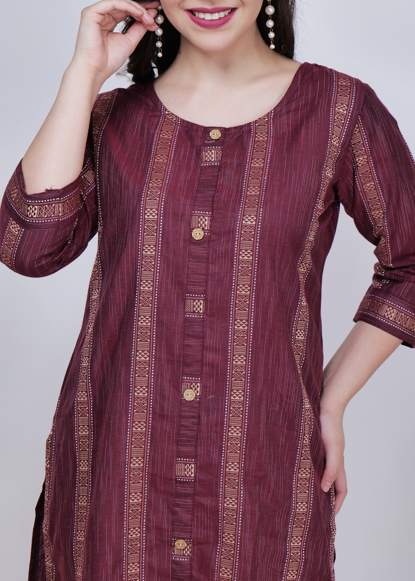 Weaving Cotton Straight Suit Set - Maroon