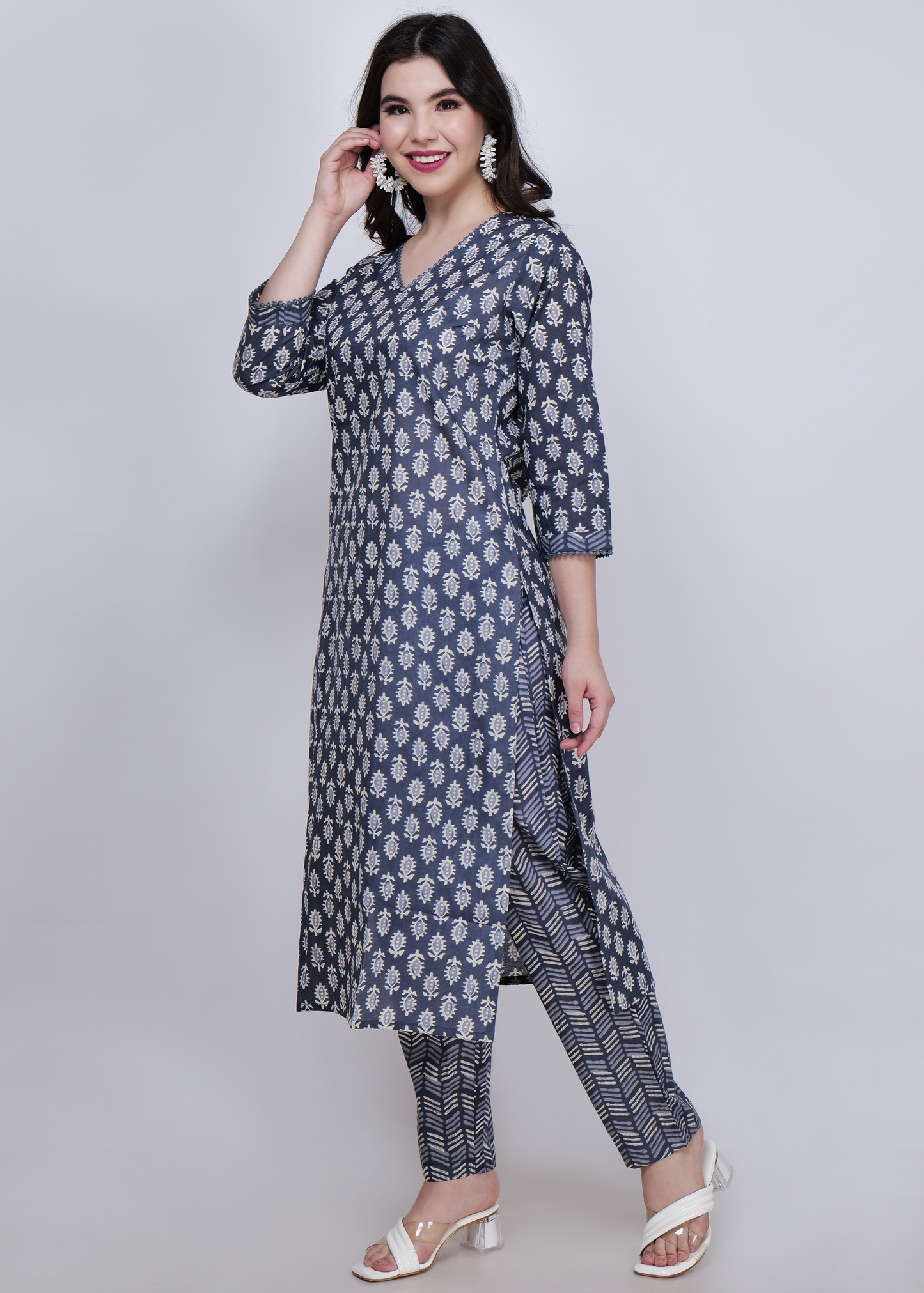 Cotton Printed Straight Suit Set - Grey