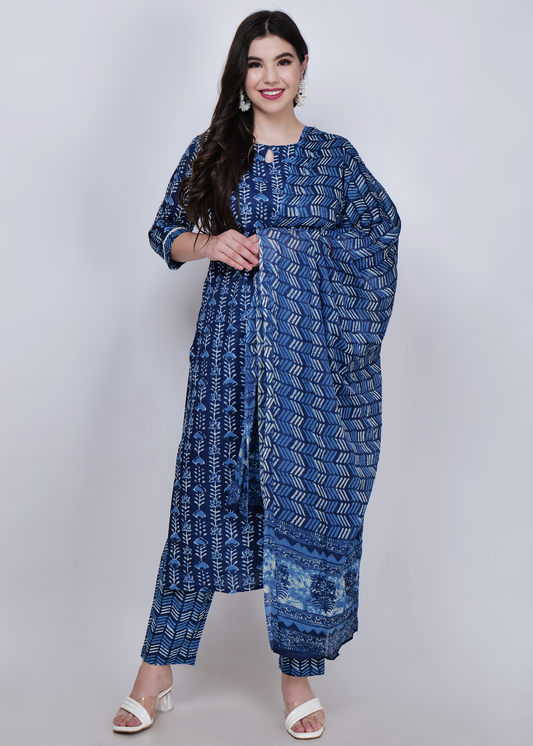 Cotton Printed Straight Suit Set - Navy Blue