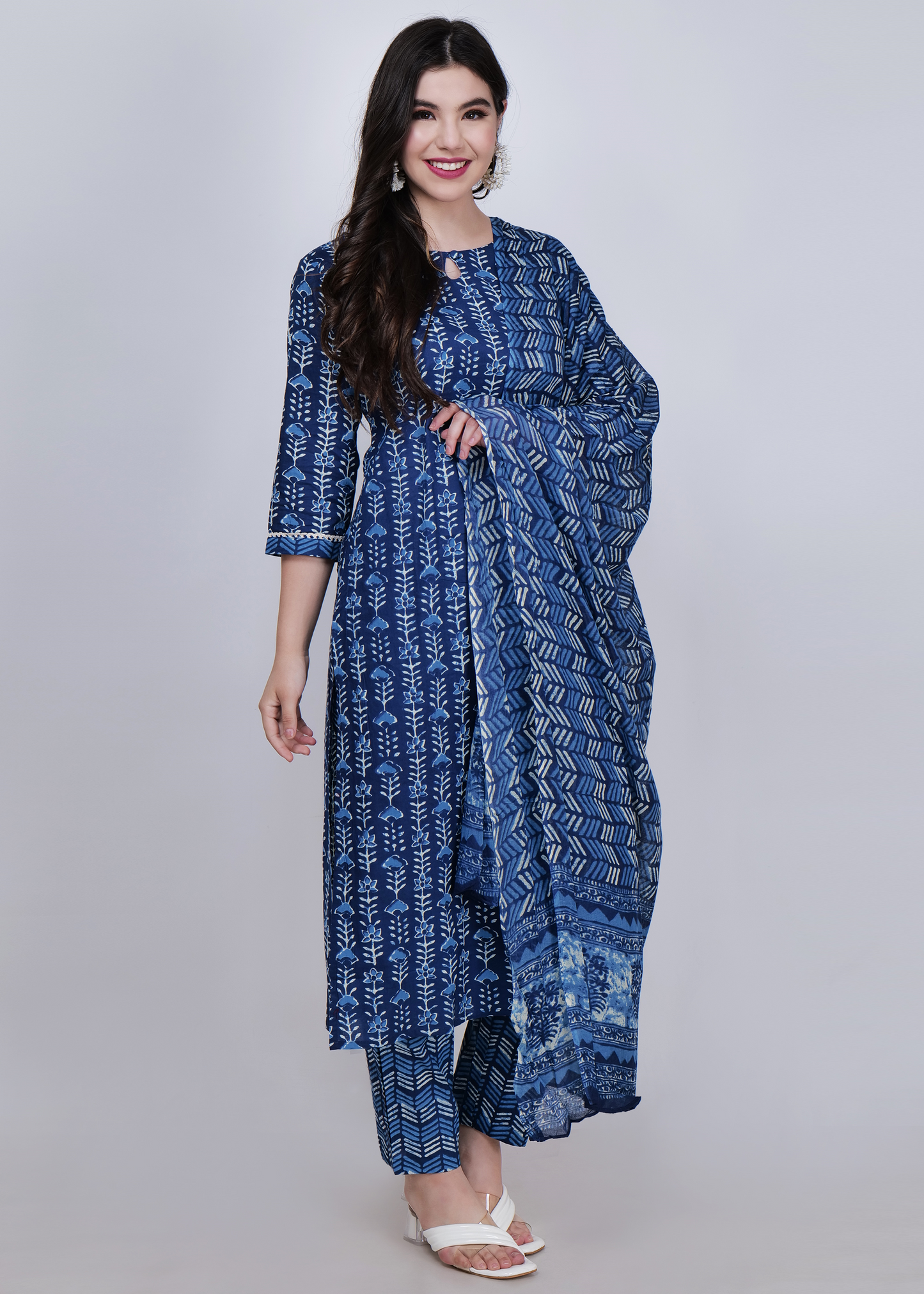 Cotton Printed Straight Suit Set - Navy Blue