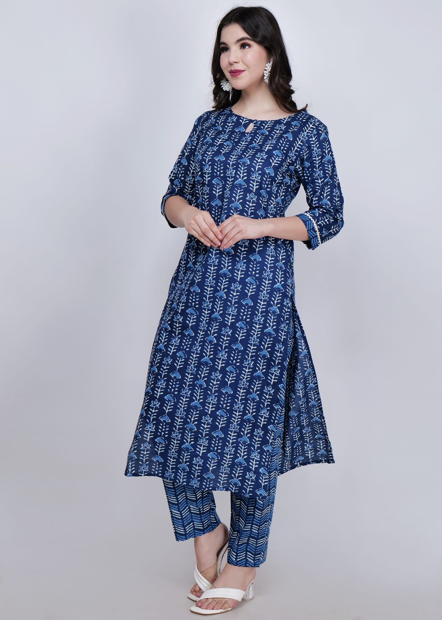 Cotton Printed Straight Suit Set - Navy Blue