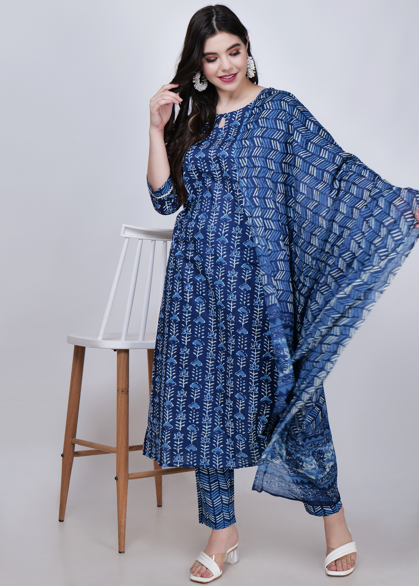 Cotton Printed Straight Suit Set - Navy Blue