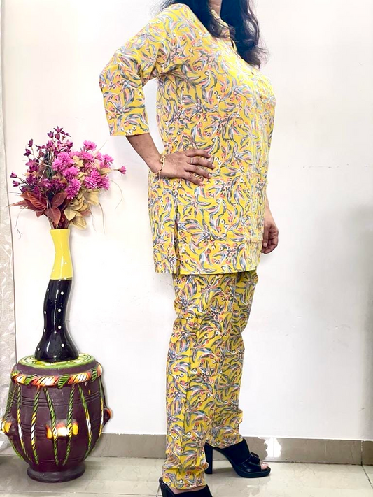 Cotton Floral Printed Co-ord Set - Yellow