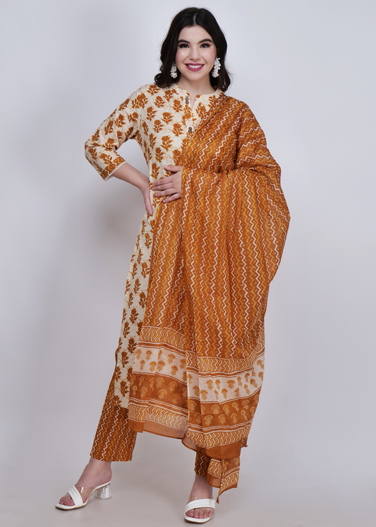 Cotton Printed Straight Suit Set - Mustard