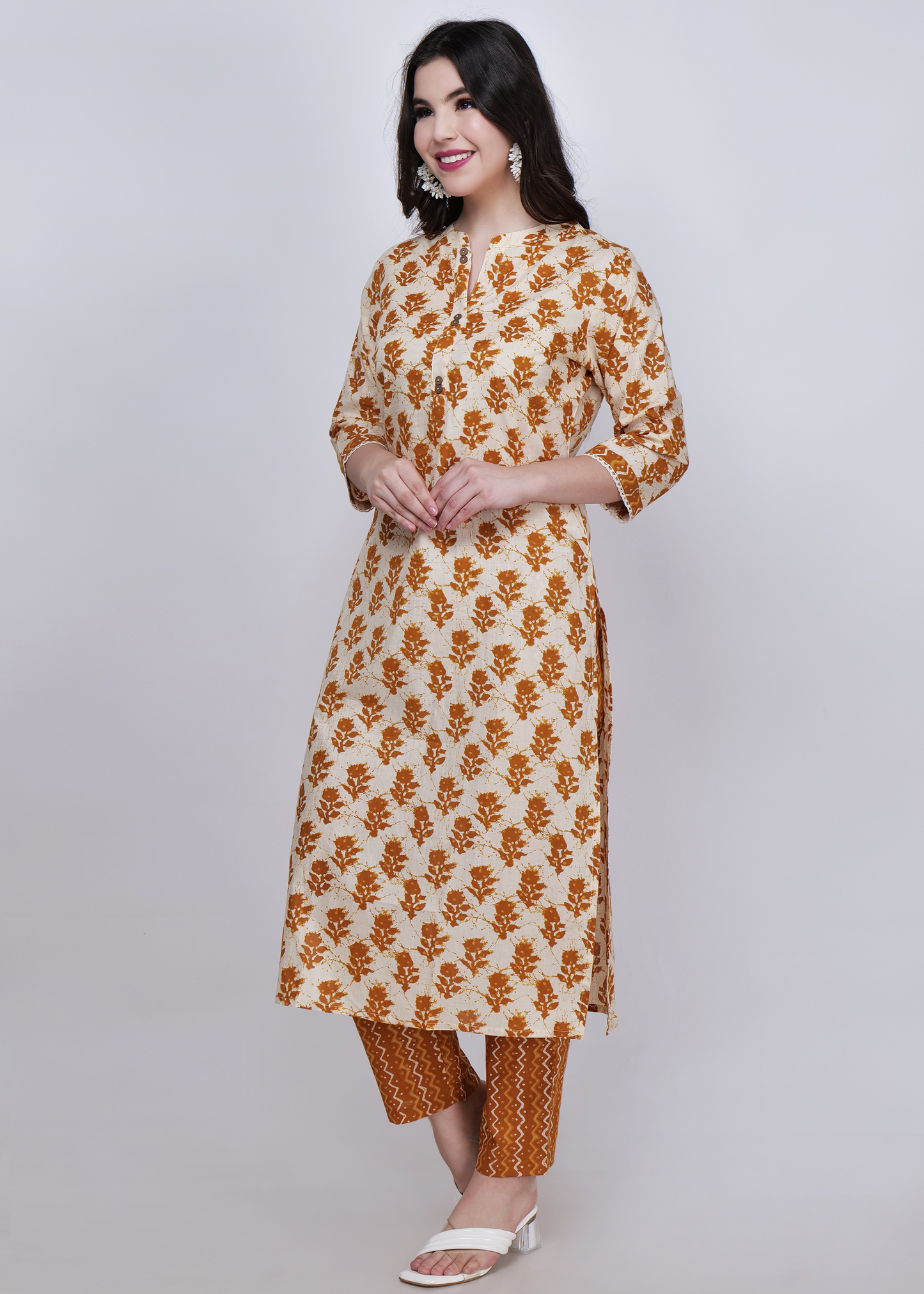 Cotton Printed Straight Suit Set - Mustard