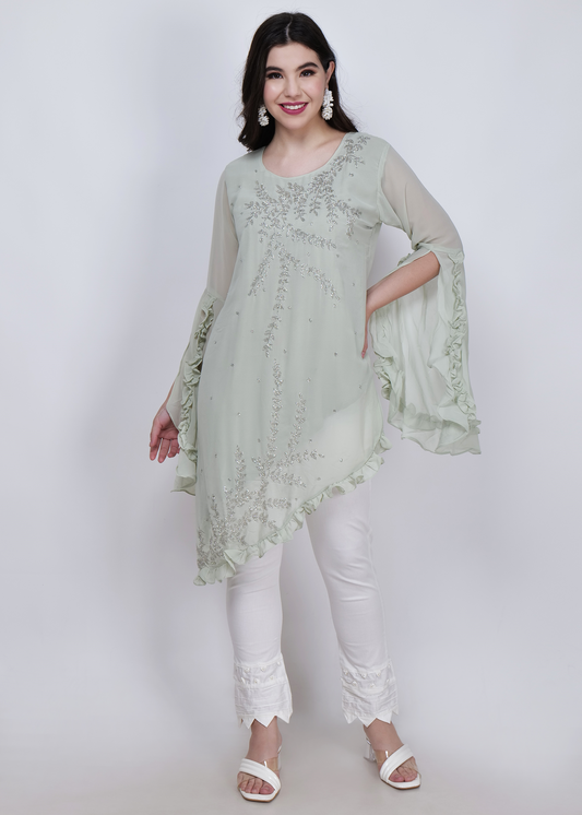 Georgette Heavy Hand work Kurta with Pant - Pastel Green