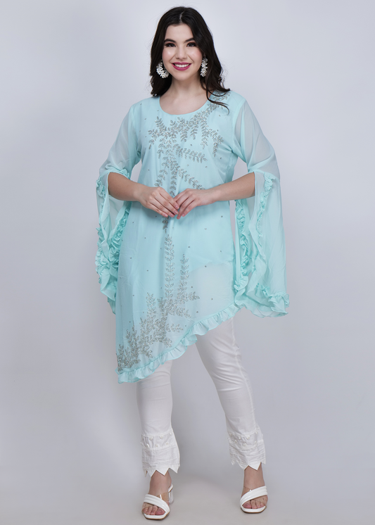 Georgette Heavy Hand work Kurta with Pant - Pastel Blue