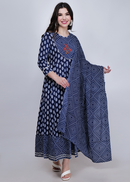 Rayon Printed Bead Work Kurta with Dupatta - Navy Blue