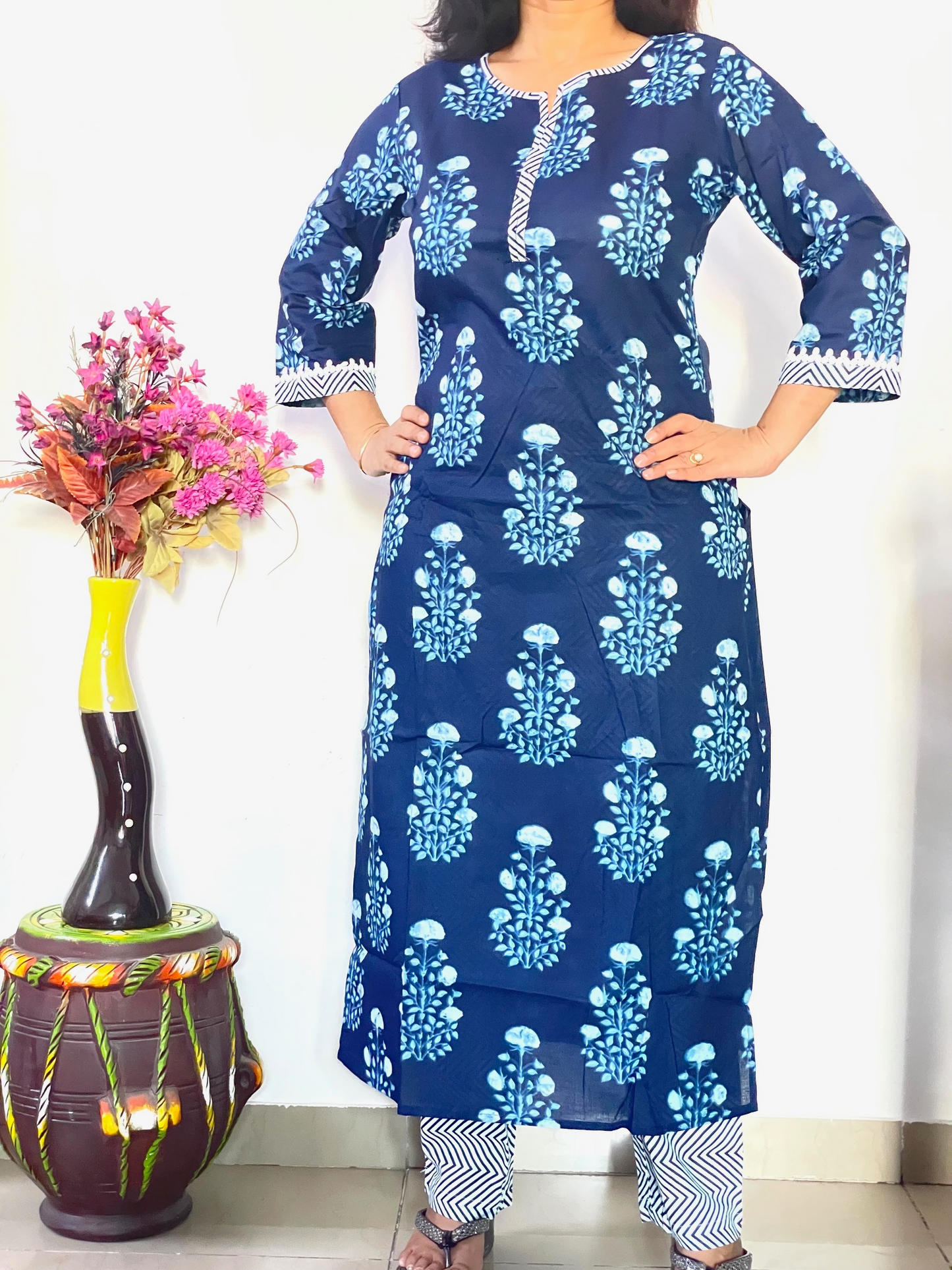 Cotton Printed Straight Fit Kurta and Pant - Navy Blue