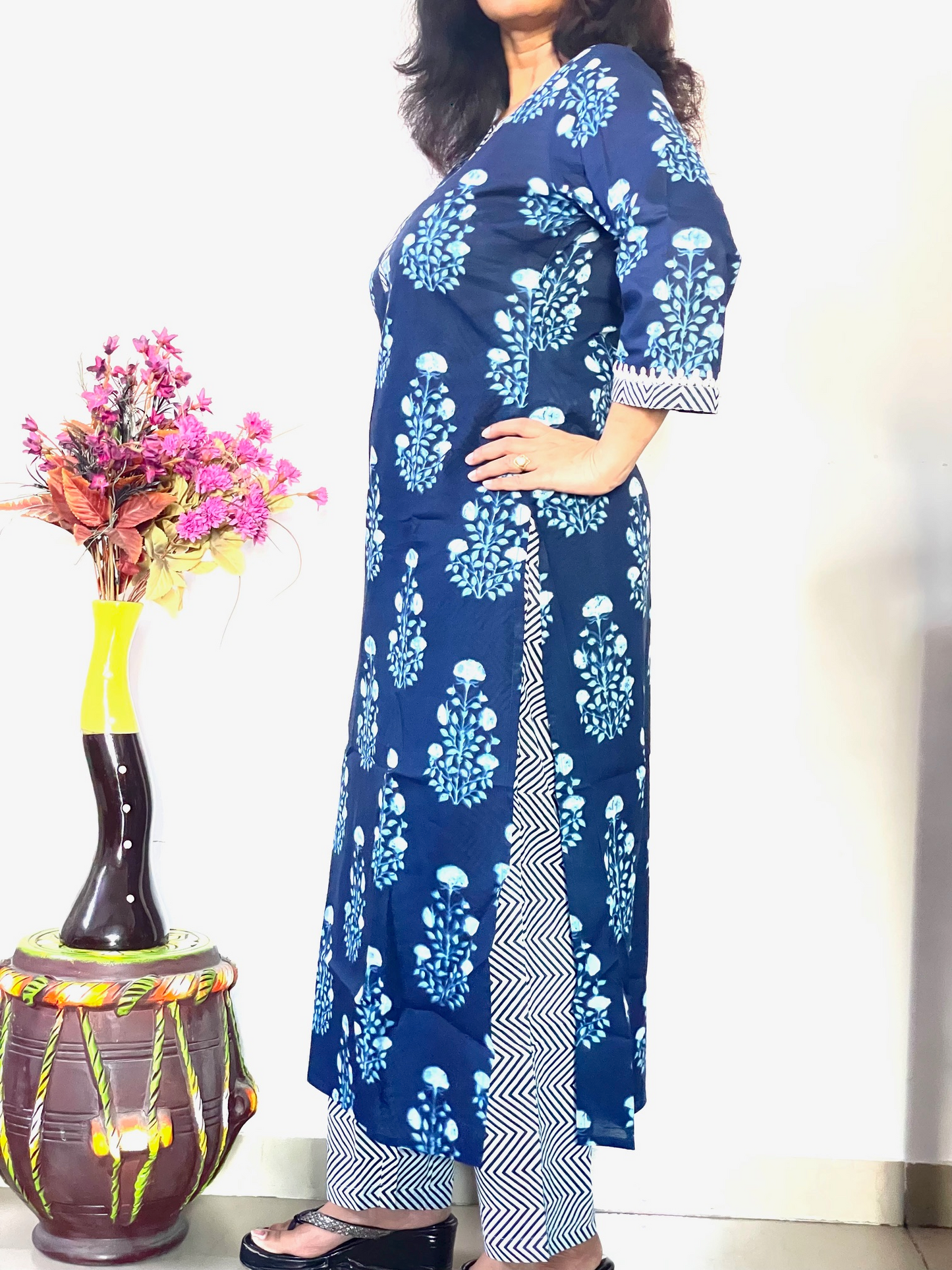 Cotton Printed Straight Fit Kurta and Pant - Navy Blue