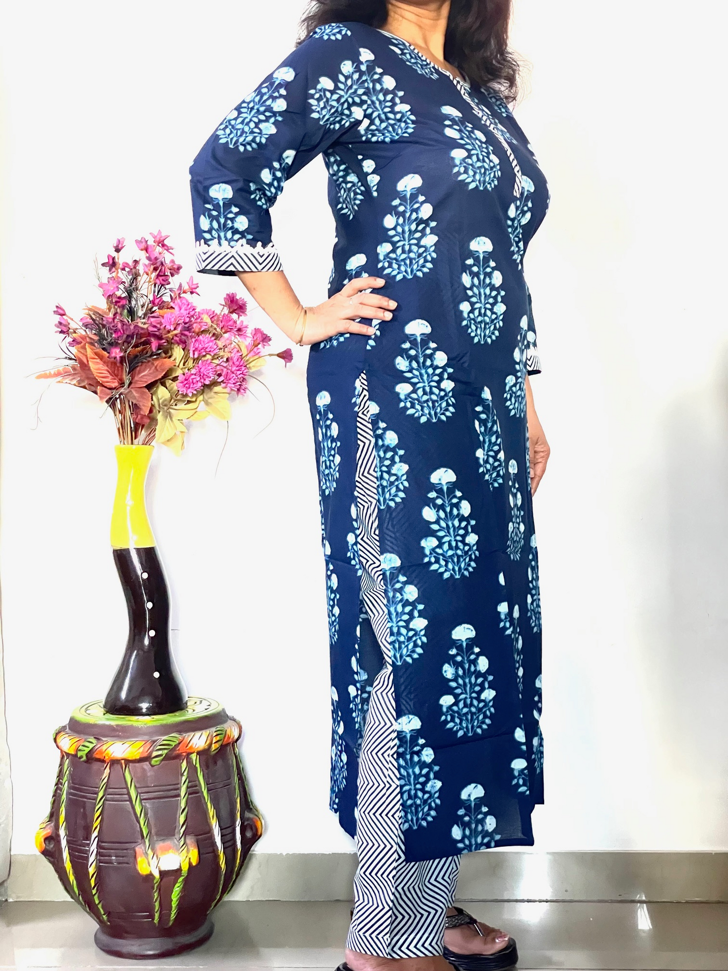 Cotton Printed Straight Fit Kurta and Pant - Navy Blue