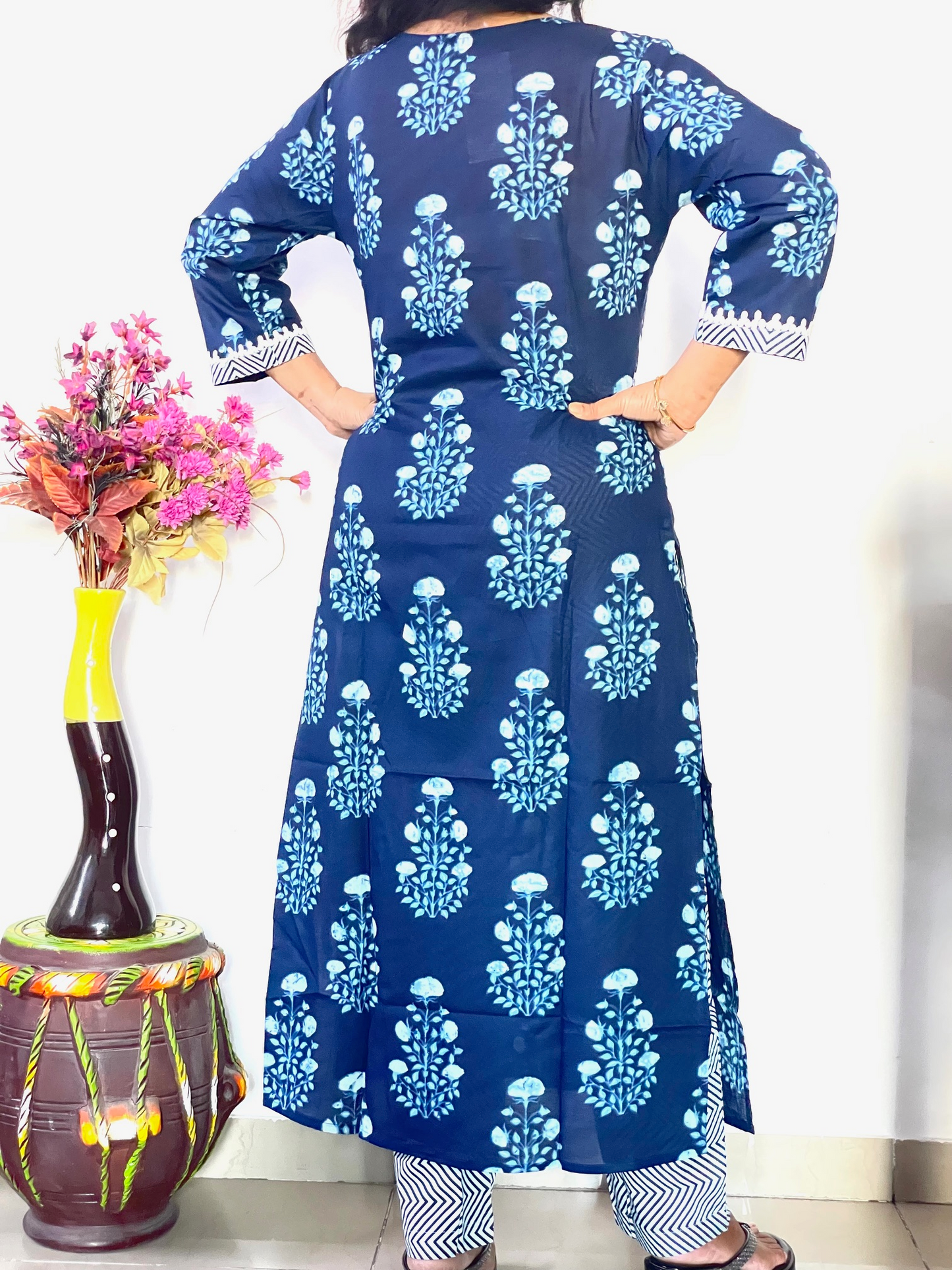 Cotton Printed Straight Fit Kurta and Pant - Navy Blue