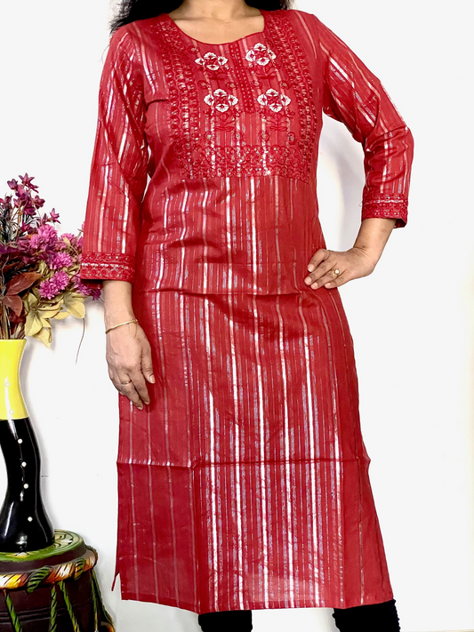 Lurex Embroidered Straight Fit Kurta - Red