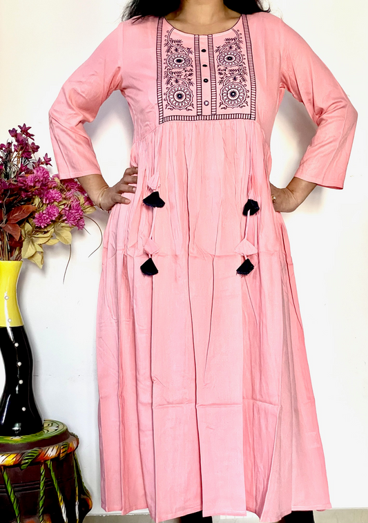 Rayon Embroidered Flared Kurta - Peach