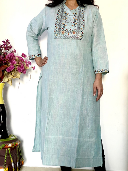 Weaving Cotton Straight Cut Kurta - Sky Blue