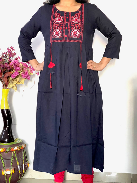 Rayon Embroidered Flared Kurta - Navy Blue