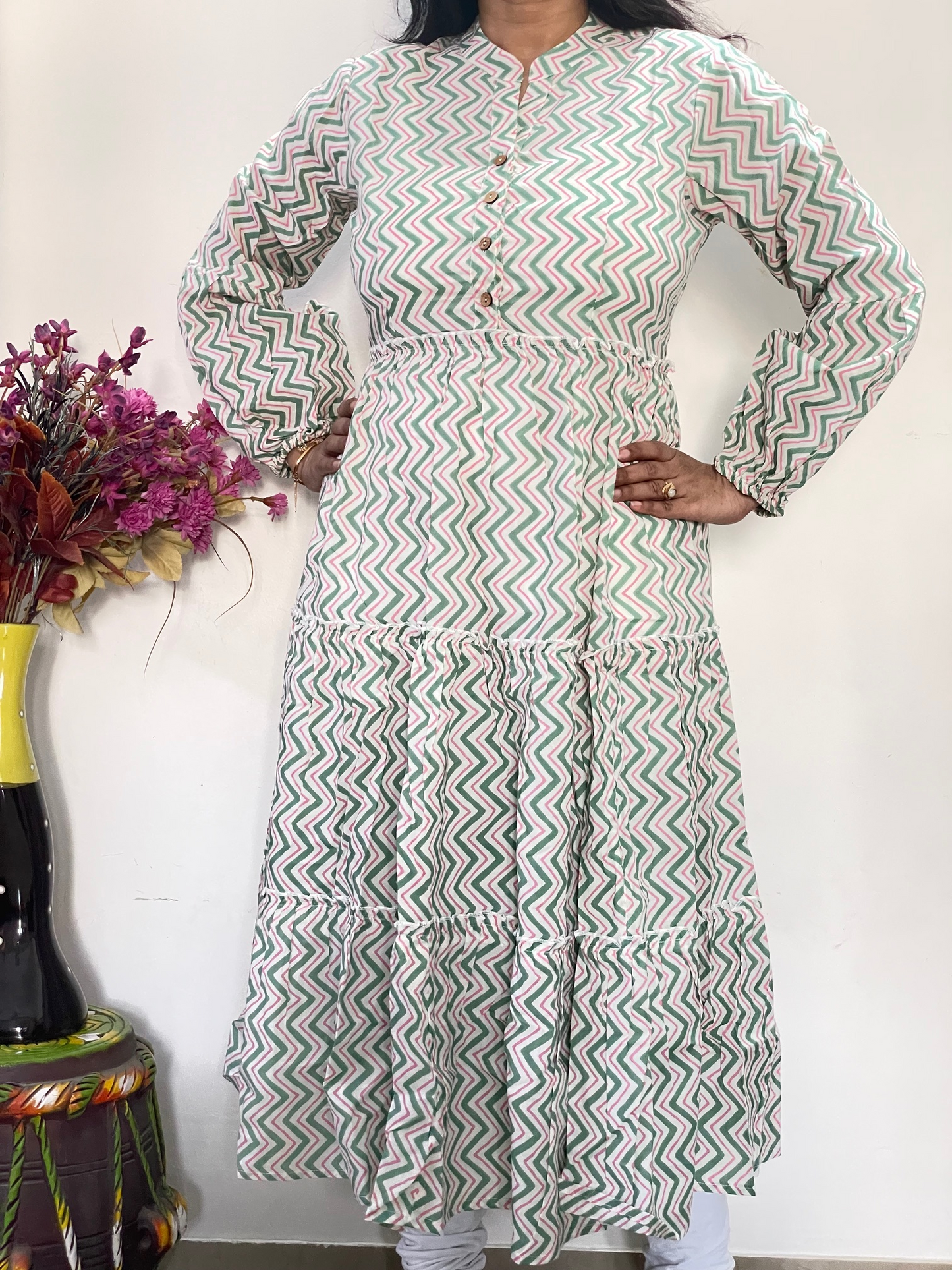 Pure Cotton Flared Midi Dress - Green