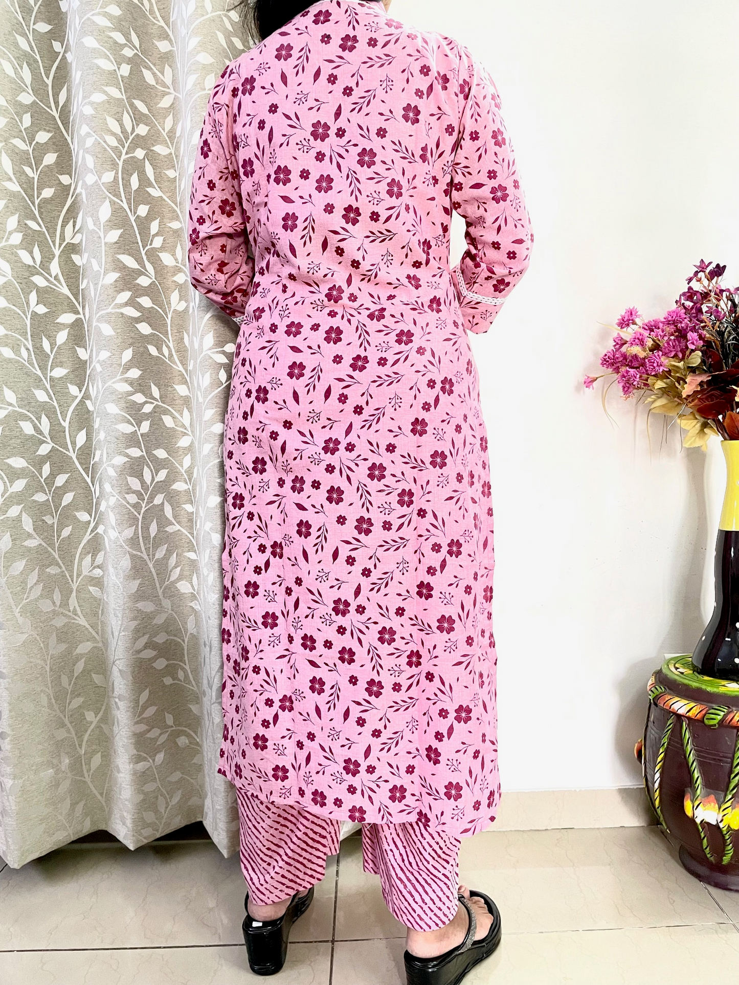 Cotton Printed Straight Kurta with Palazzo - Pink