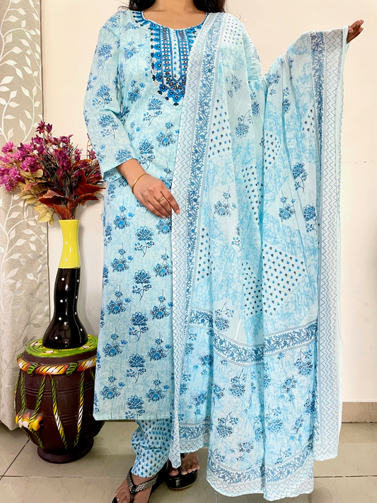 Cotton Straight Fit Suit Set - Sky Blue