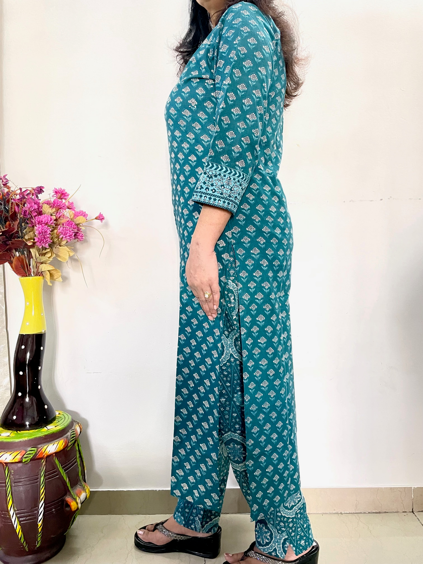 Cotton Printed Straight Fit Suit Set - Green