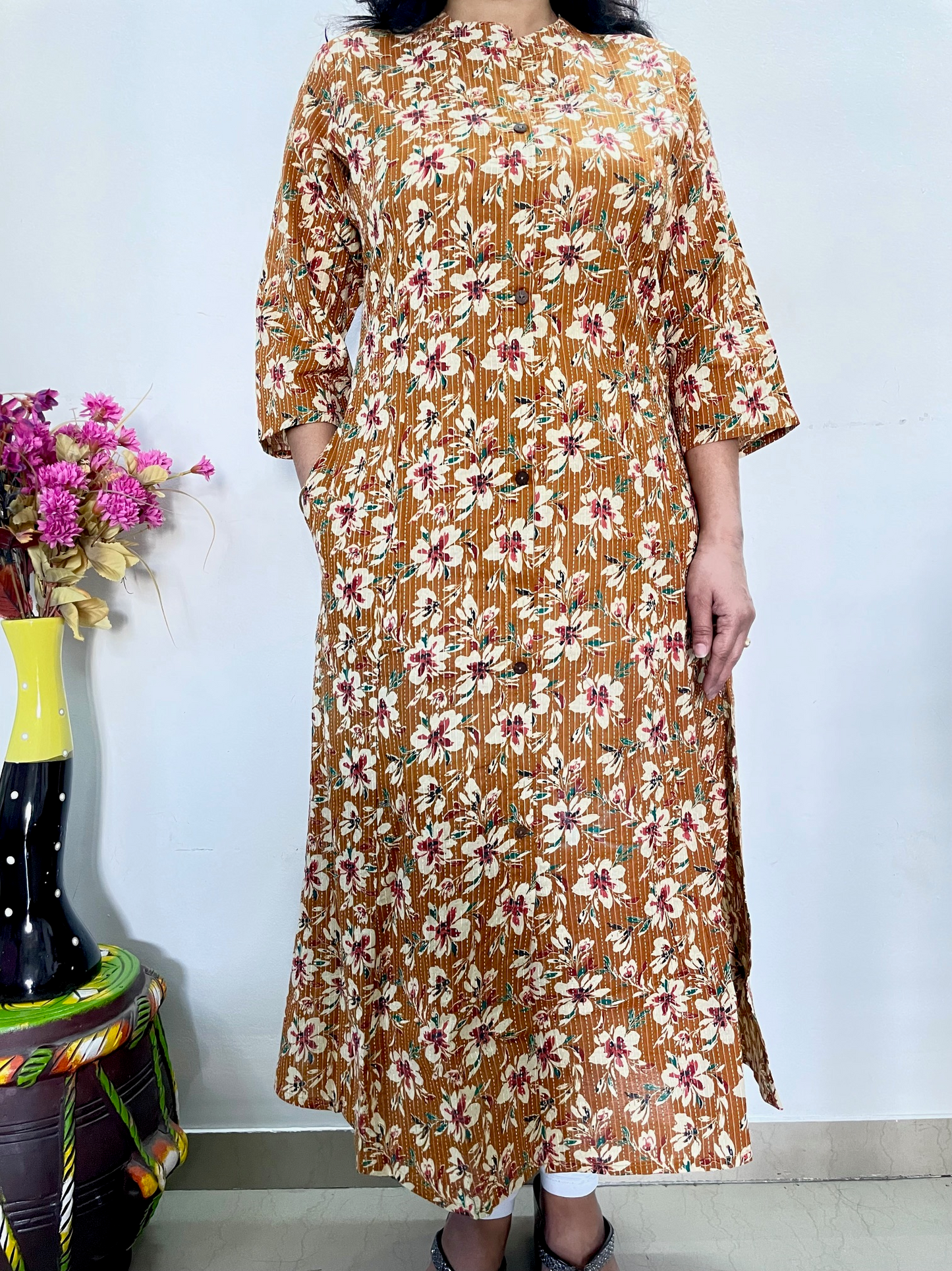 Cotton Kantha Printed A-Line Kurti - Mustard