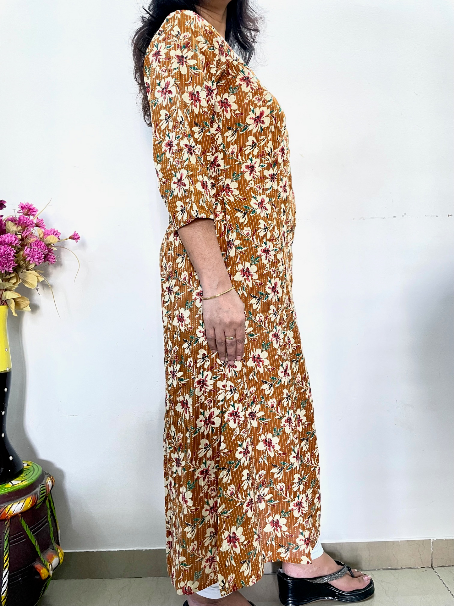 Cotton Kantha Printed A-Line Kurti - Mustard