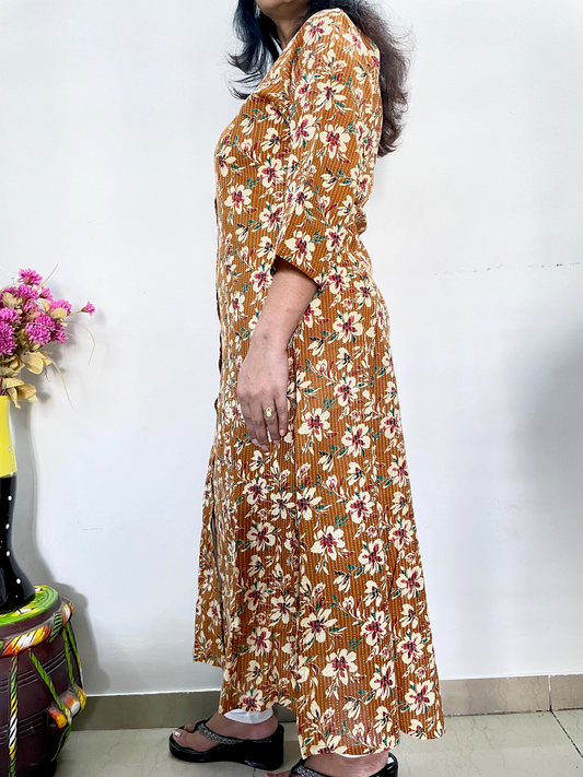 Cotton Kantha Printed A-Line Kurti - Mustard