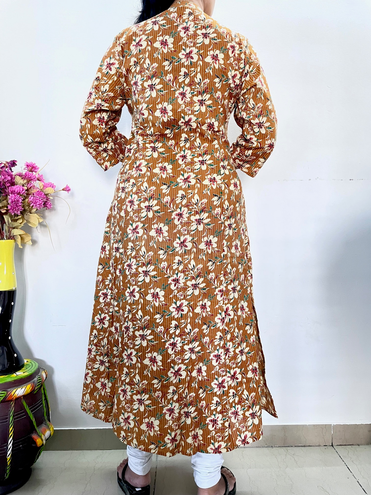 Cotton Kantha Printed A-Line Kurti - Mustard