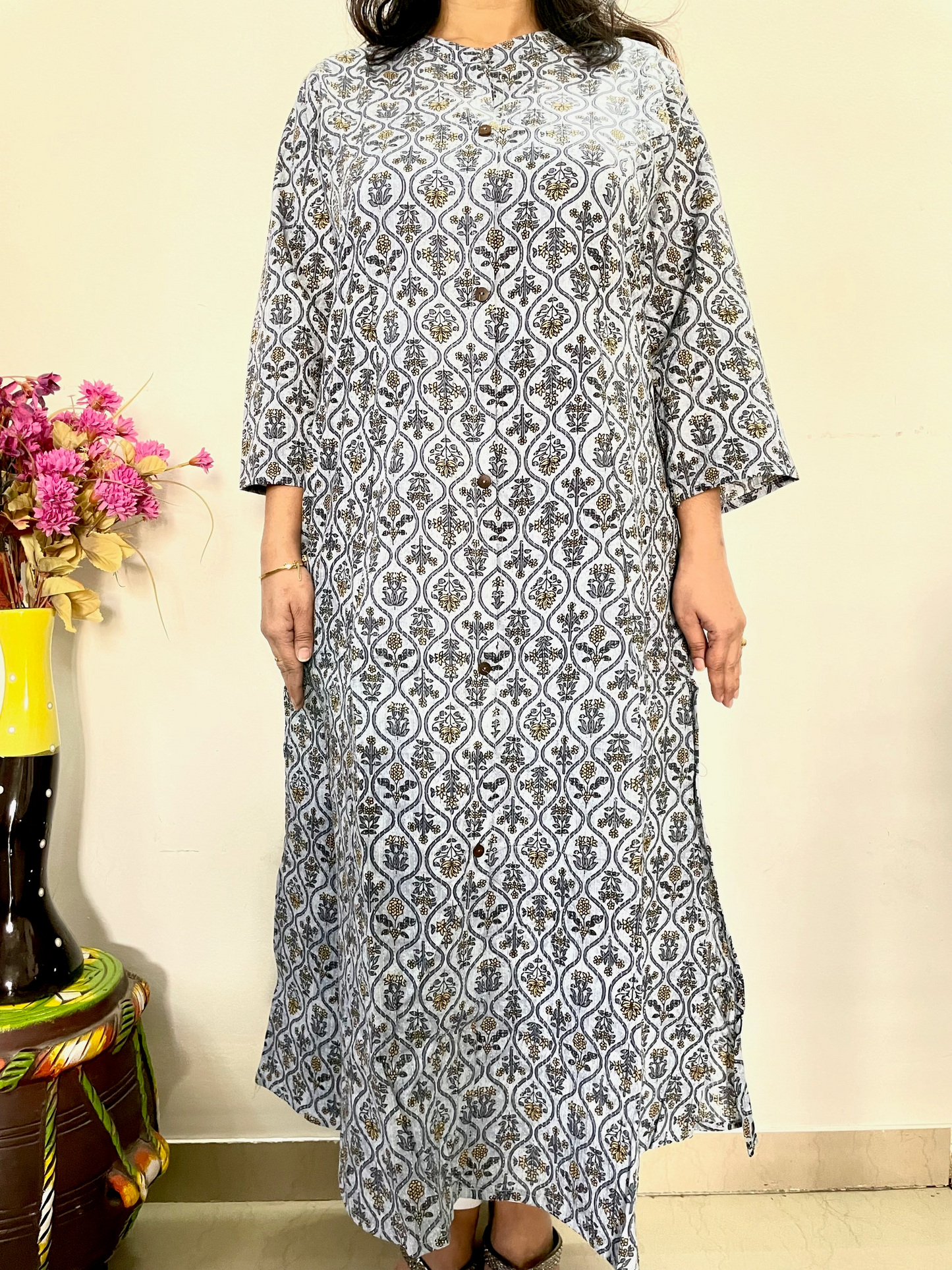 Cotton Kantha Printed A-Line Kurti - Grey