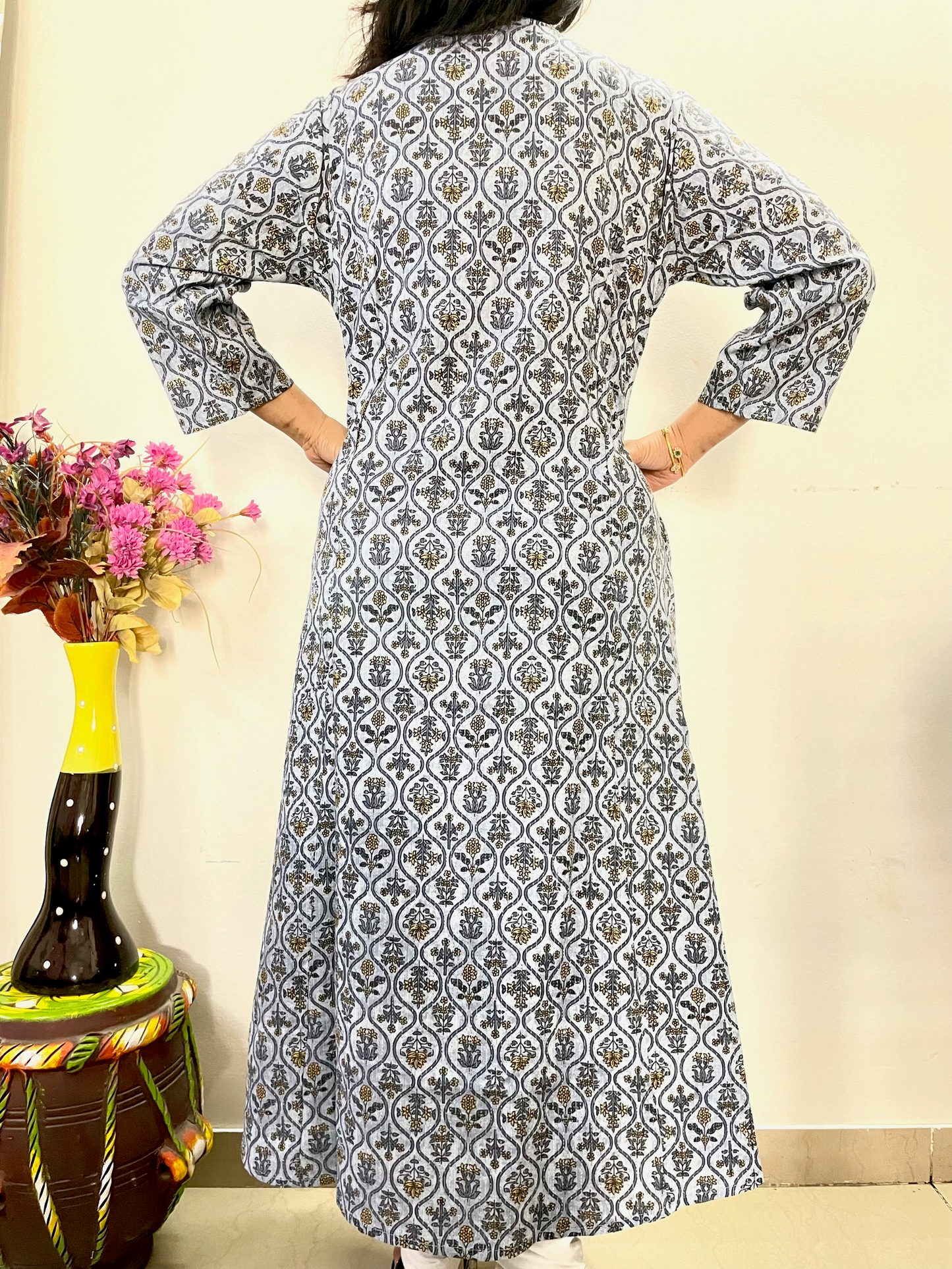 Cotton Kantha Printed A-Line Kurti - Grey