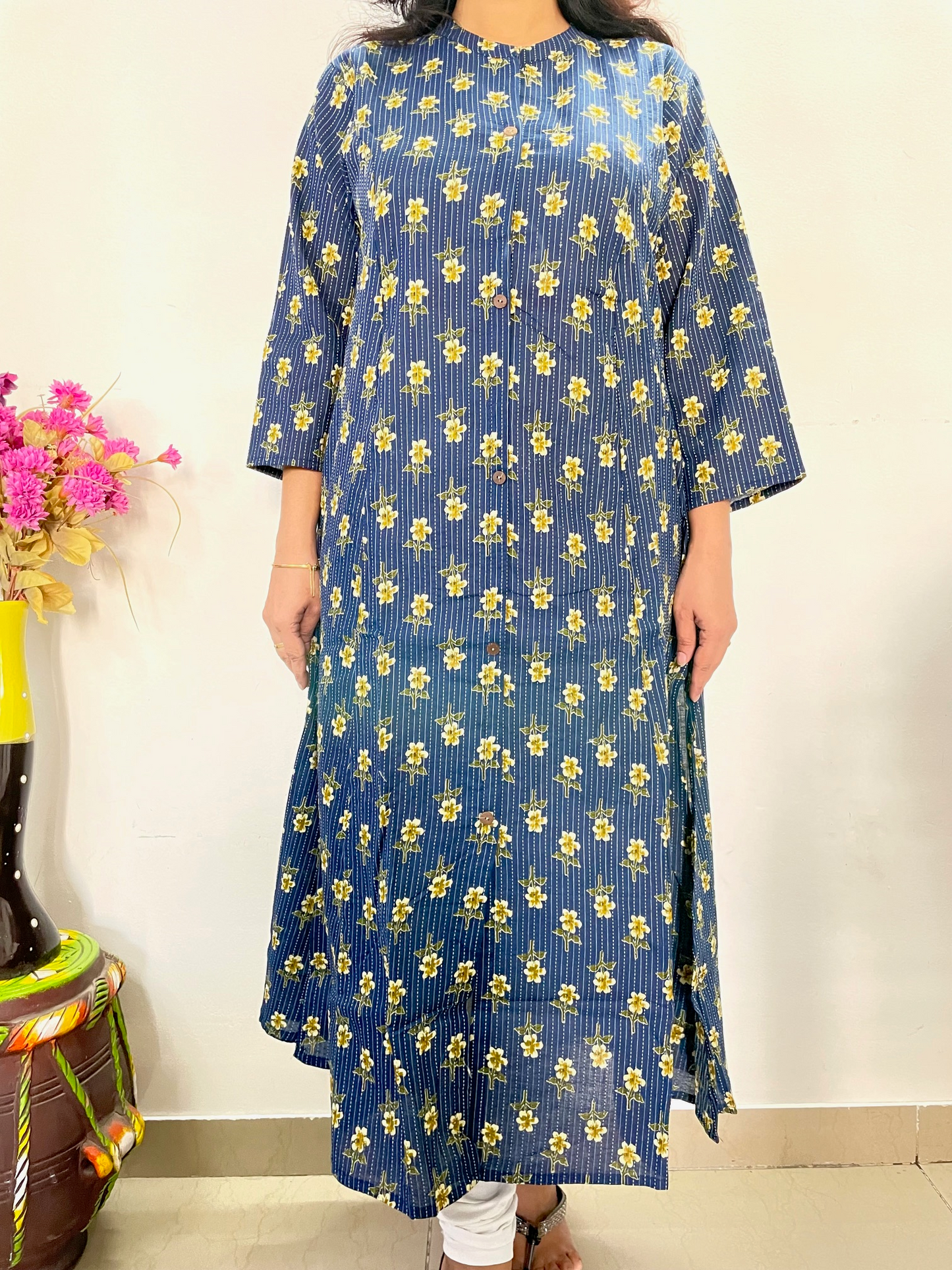 Cotton Kantha Printed A-Line Kurti - Navy Blue