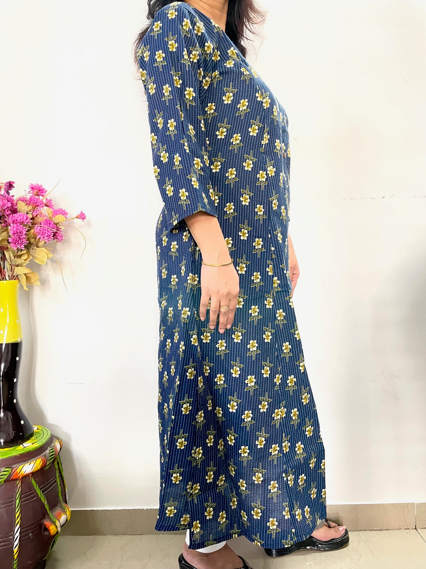 Cotton Kantha Printed A-Line Kurti - Navy Blue