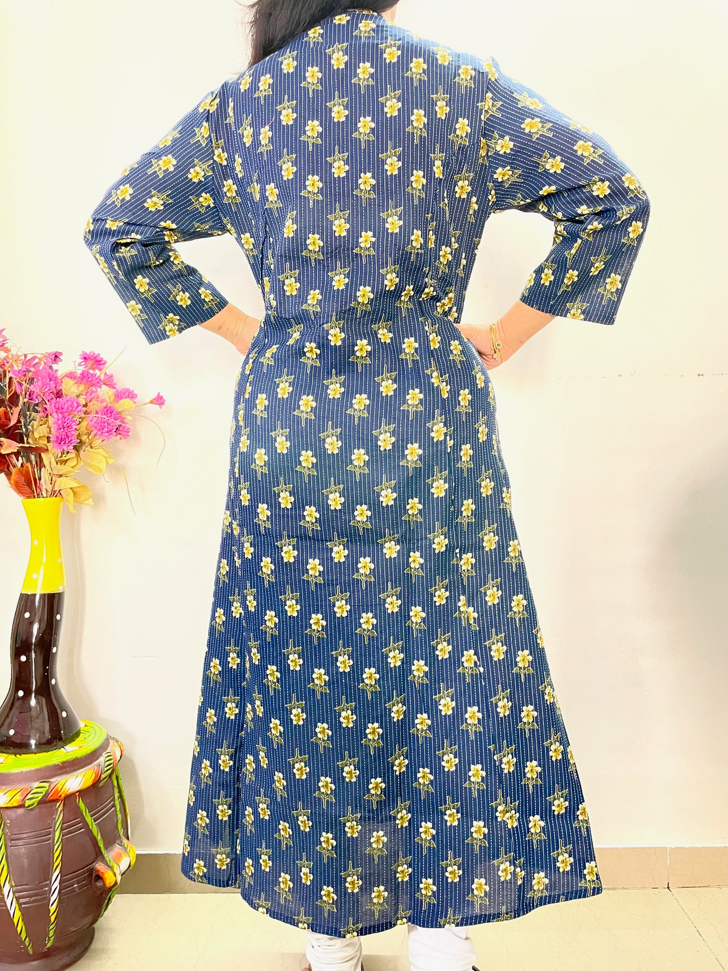 Cotton Kantha Printed A-Line Kurti - Navy Blue