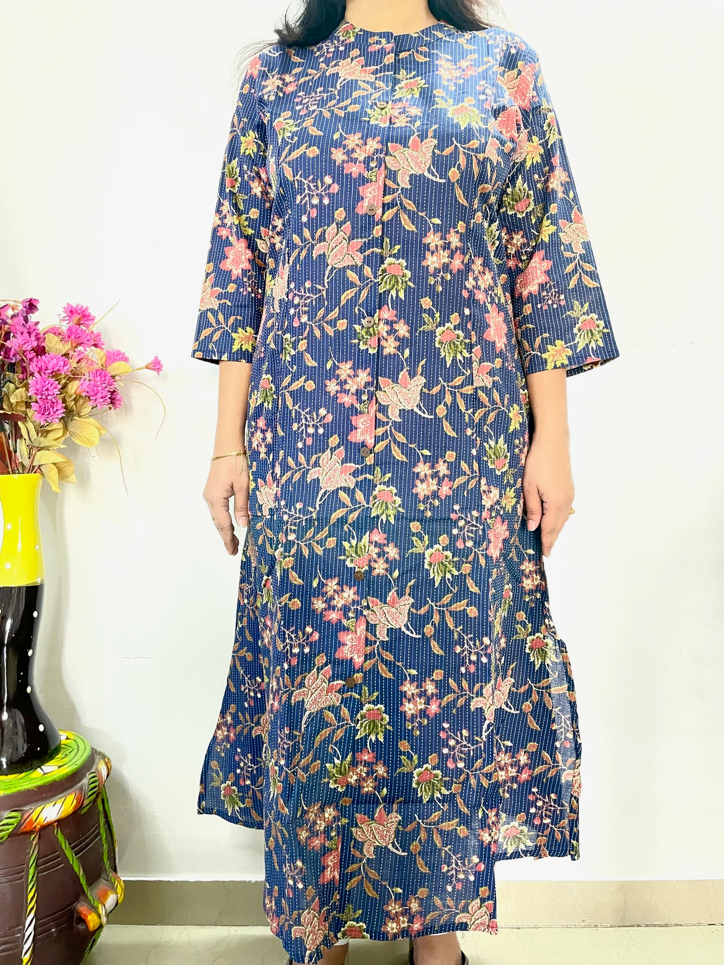 Cotton Kantha A-Line Kurti - Navy Blue