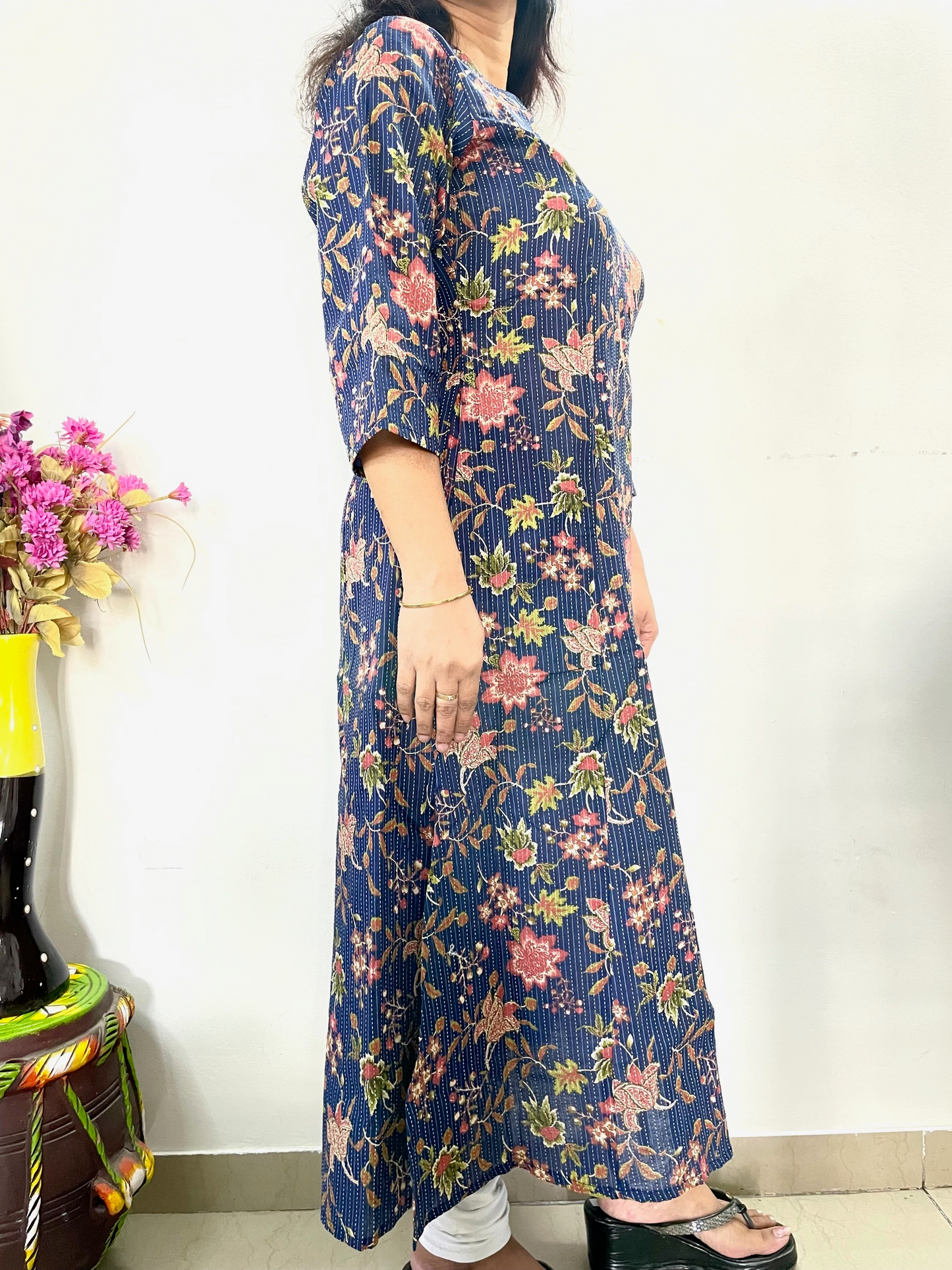 Cotton Kantha A-Line Kurti - Navy Blue