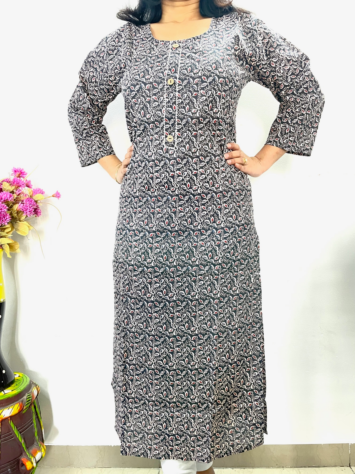 Cotton Printed Straight Fit Kurta - Black