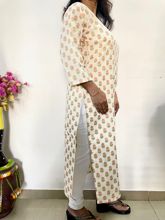 Cotton Printed Straight Fit Kurta - Off White