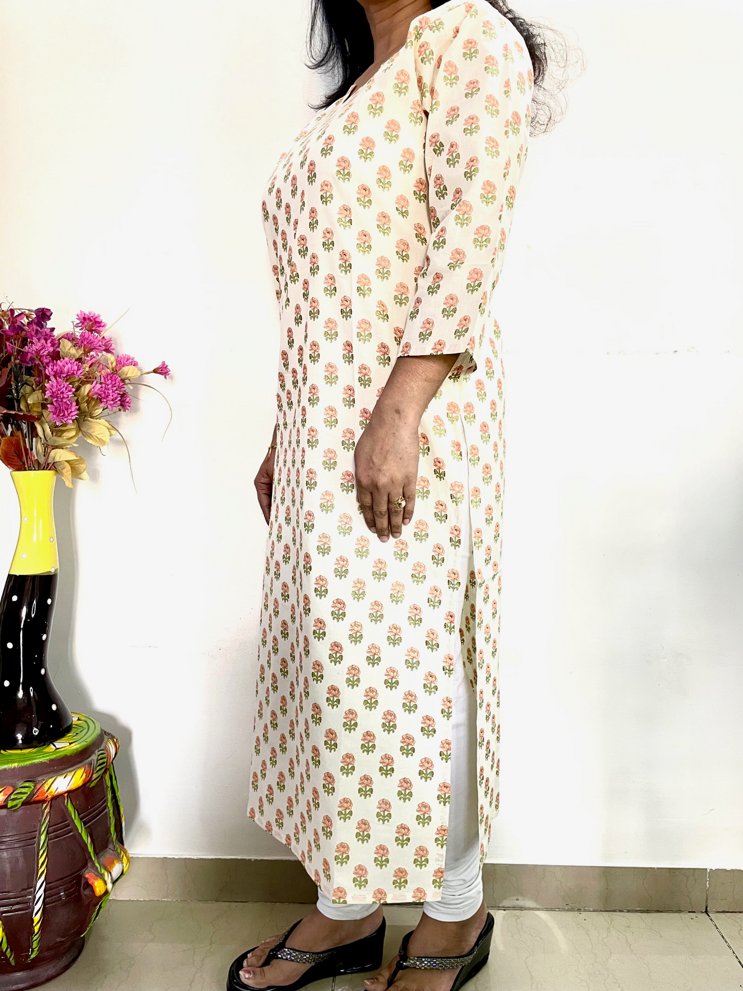 Cotton Printed Straight Fit Kurta - Off White