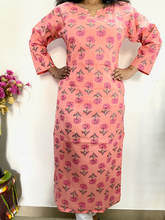 Cotton Printed Straight Fit Kurta - Pink